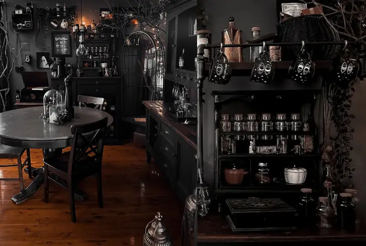Cozy gothic witch themed café interior